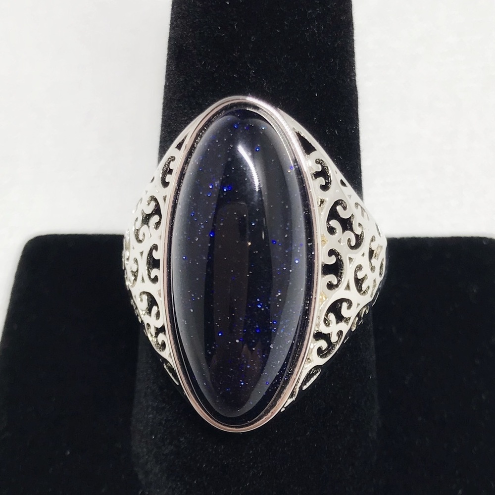 Midnight Blue Oval Sandstone Sterling Silver 925 Large Ring Sz10